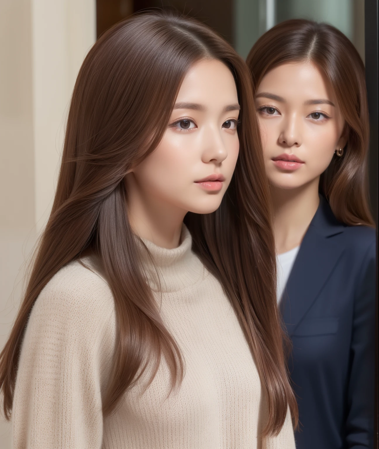 ((top-quality、in 8K、​masterpiece:1.3))、foco nítido:1.2、Beautiful woman perfect body:1.4、Slim abs:1.2、((Longhaire、straight haired:1.2))、(Gray knitwear、tight skirts:1.1)、(Sateen、a street:1.2)、wetbody:1.5、Three-dimensional texture、A detailed eye、Brown hair、Very shiny hair、posterior view、Hair quality improvement