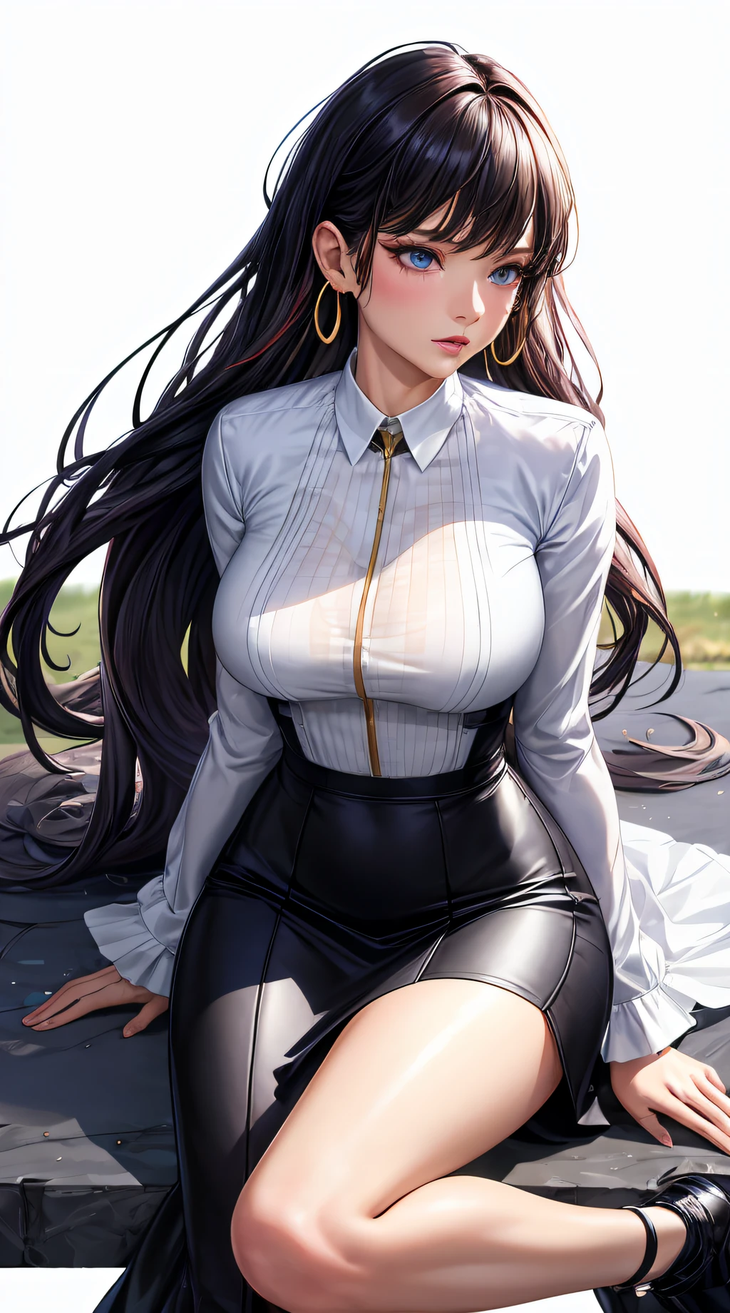 (best quality:1.5, highres, UHD, 4K, detailed lighting, shaders), hair, gradient hair, large breasts, transparent suit, transparent shirt, transparent social shirt, short skirt, mature woman , (pov), white background, colorful eyeshadow, dramatic lighting, sparkling eyepression, golden earrings, flowing hair, delicate facial features, dark skin, high cheekbones, raining,  setting,sitting, white background, dont look for the camera, full body.