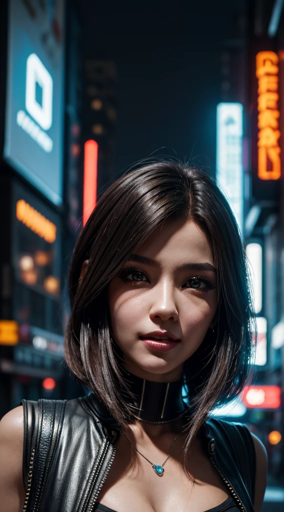 Full figure Cyberpunk 1girl ultra realistic, very detailed iris, perfect lips, perfect teeth, perfect skin, Perfect body, Perfect beauty, dramatic light, blurred cyber future City background