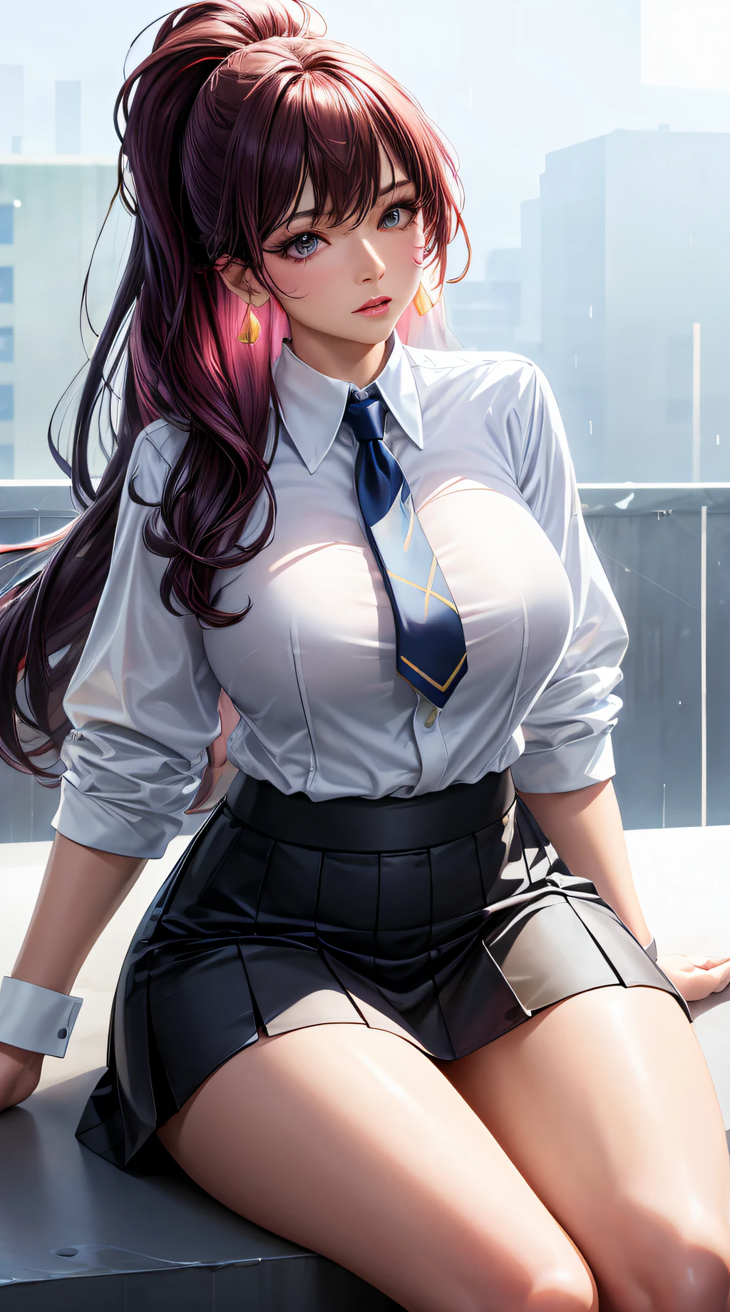 (best quality:1.5, highres, UHD, 4K, detailed lighting, shaders), hair, gradient hair, large breasts, transparent suit, transparent shirt, transparent social shirt, short skirt, mature woman , (pov), white background, colorful eyeshadow, dramatic lighting, sparkling eyepression, golden earrings, flowing hair, delicate facial features, dark skin, high cheekbones, raining,  setting,sitting, white background, dont look for the camera, full body.