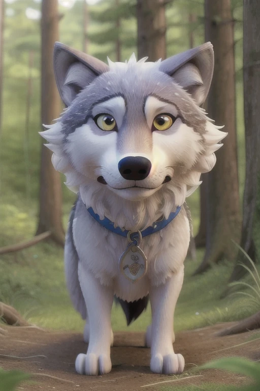 cowboy shot, 1 wolf, sweet friendly face, blaue Augen, weiches Fell, (wolf:1.5), blickt zum Betrachter, see im wald im hintergrund, High quality