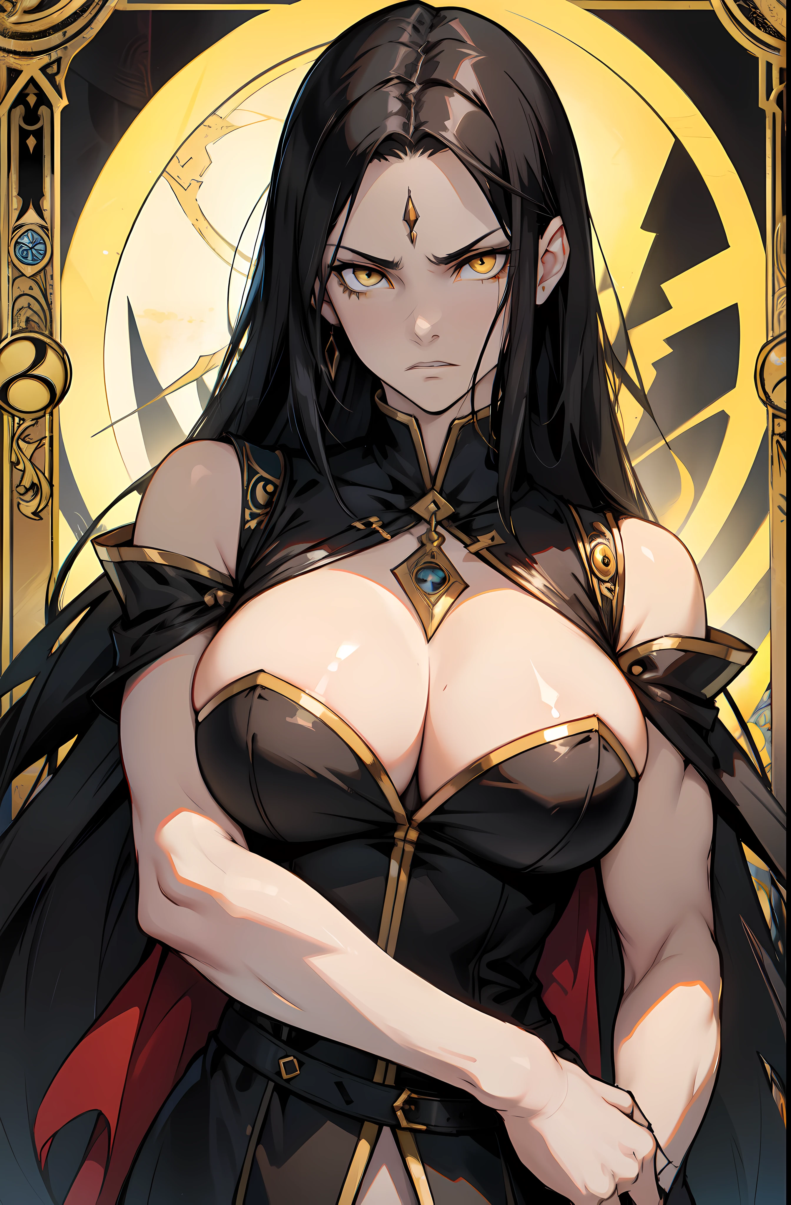 ((1 girl)) angry very long hair pale skin black hair yellow eyes ((muscular)) (huge breasts) tarot card