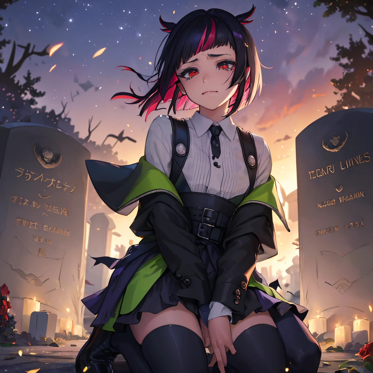 lilia vanrouge,1boy,male focus,multicolored hair,streaked hair,black hair,red hair, slit eyes,red eyes, long ponytail:1.4,(tears in the eyes:1.4,kneeling and looking at three tombstones:1.4),night,forest,emotional scene,sad expression,tears,best quality,4k,8k,highres,masterpiece:1.2,ultra-detailed,HDR,UHD,studio lighting,ultra-fine painting,sharp focus,physically-based rendering,extreme detail description,professional,vivid colors,bokeh,portraits,landscape,hair flowing in the wind,dark shadows,soft moonlight,subtle glow