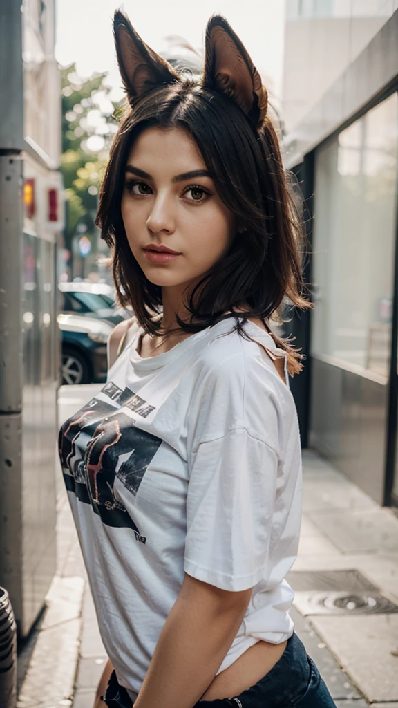 Xayah,t-shirt, animal ears, yellow eyes, pierced nose, casual clothes, portrait, stunning, hair over shoulder, hoodless, beautiful, 4k