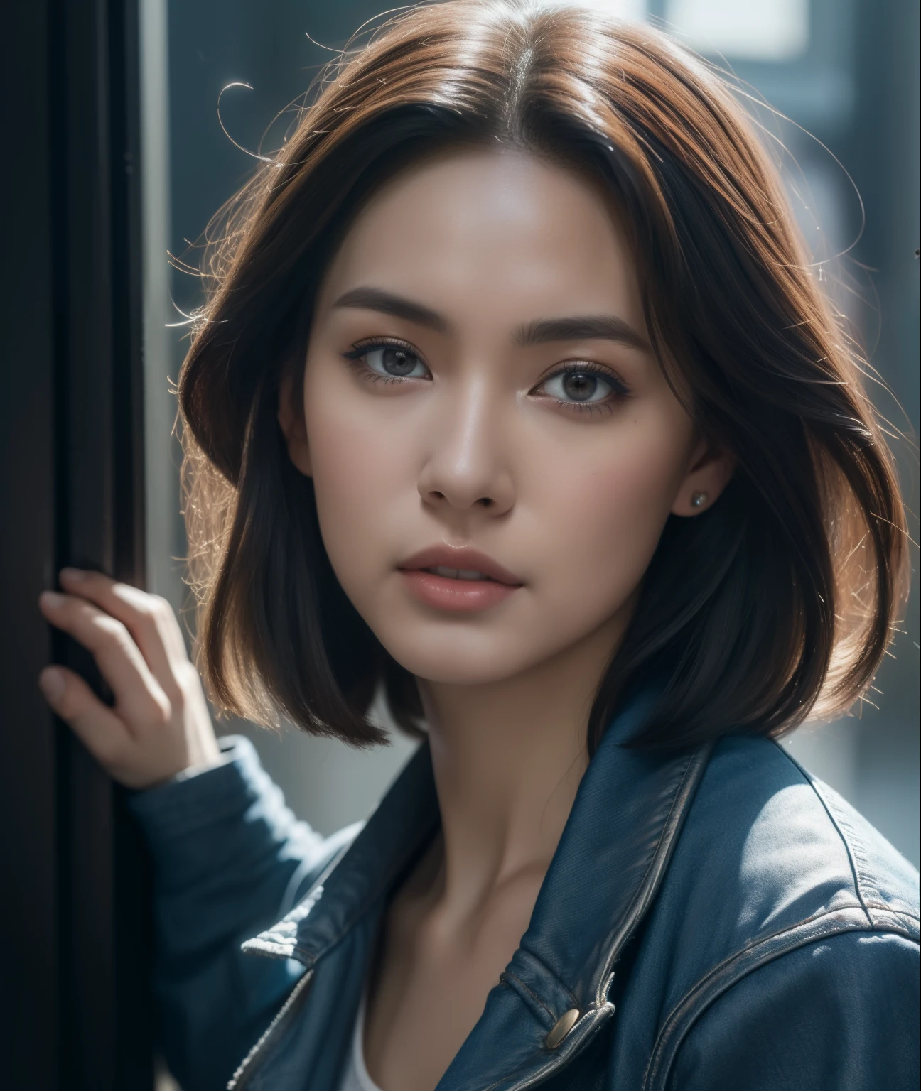 photo of extremely sexy (AM190_Brigitte:0.99), a woman as a sexy student, ((closeup portrait:1.3)), modelshoot style, (extremely detailed CG unity 8k wallpaper), photo of the most beautiful artwork in the world, professional majestic oil painting by Ed Blinkey, Atey Ghailan, Studio Ghibli, by Jeremy Mann, Greg Manchess, Antonio Moro, trending on ArtStation, trending on CGSociety, Intricate, High Detail, Sharp focus, dramatic, photorealistic painting art by midjourney and greg rutkowski, (blue t-shirt:1.2), (leather jacket), (jeans), ((city slums)), (looking at viewer:1.2), (detailed pupils:1.3), hearing music with headphone