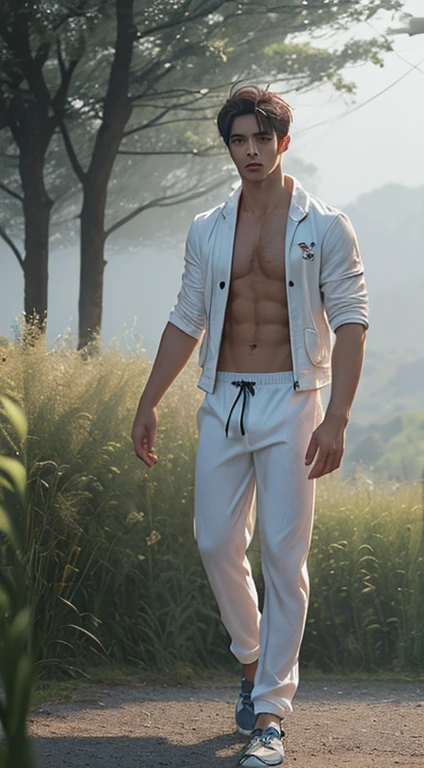 1man, ((male model )) Hot skin, masutepiece, Best Quality, The most handsome man in the world, by Shen Quan, prefect body, Beautiful male model, 18〜The aesthetics of a 24-year-old attractive man, When spring flowers are booming, green fields, spring, plains, Trees, flower, Blue sky, Rugged and handsome young man in white pajamas, White jockstrap ,White cloth, Shirtless jacket over the shoulder, pubic hair focus), ((smooth body)), Super Cute, Dynamic Pose, Cool and seductive, Dramatic Lighting, Full body shot, Full body shot, zora々Shishi Face, Full body, Body without hair, thin and tall, Fit body, dominant, Caucasian or white skin, zora々Shishi Face, solid body, High Definition, natural flesh tones, Soft light, Highly detailed, Looking at Viewer, Photography, Detailed skin, Real person, Realistic, Photorealsitic, Insanely detailed, Face Detail, hype maximalist, hype hyperrealism, Cinematic, telephoto, lighting intricate details, Highly detailed, Highly detailed, Digital Painting, art stations, Concept art, Smooth, Sharp Focus, Illustration, unreal enginee 5, 8K, Art by Ross Tran and Greg Rutkowski and Alphonse Mucha, nffsw, 8K, Men only.8K AJC, Digital SLR, Dim lighting, High quality, Film grain, FUJI XT3, Men-only fans,2 mans, Pair Model.
