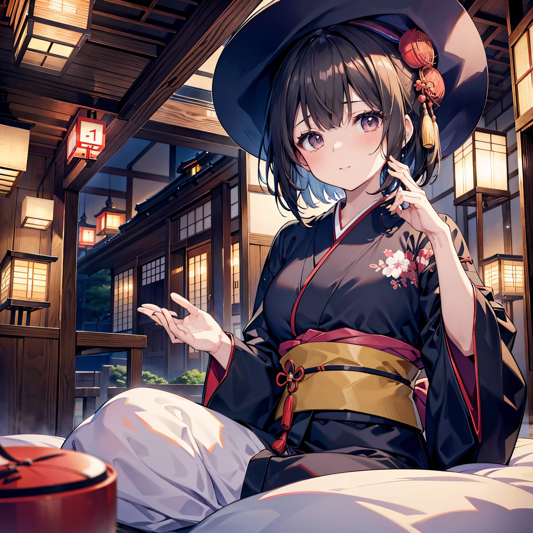 Japanese traditional style hotel、An adult woman with short brown hair and lob hair wearing a yukata、She wears a large black witch hat with sapphire accessories、R18 Illustration、Eromanga、erotic illustration、Two-dimensional illustration、Japan Anime、drawn by Japanese ilastrator、high-level image quality、4K picture quality、High Quality、hight resolution、5 million pixels、High Details、