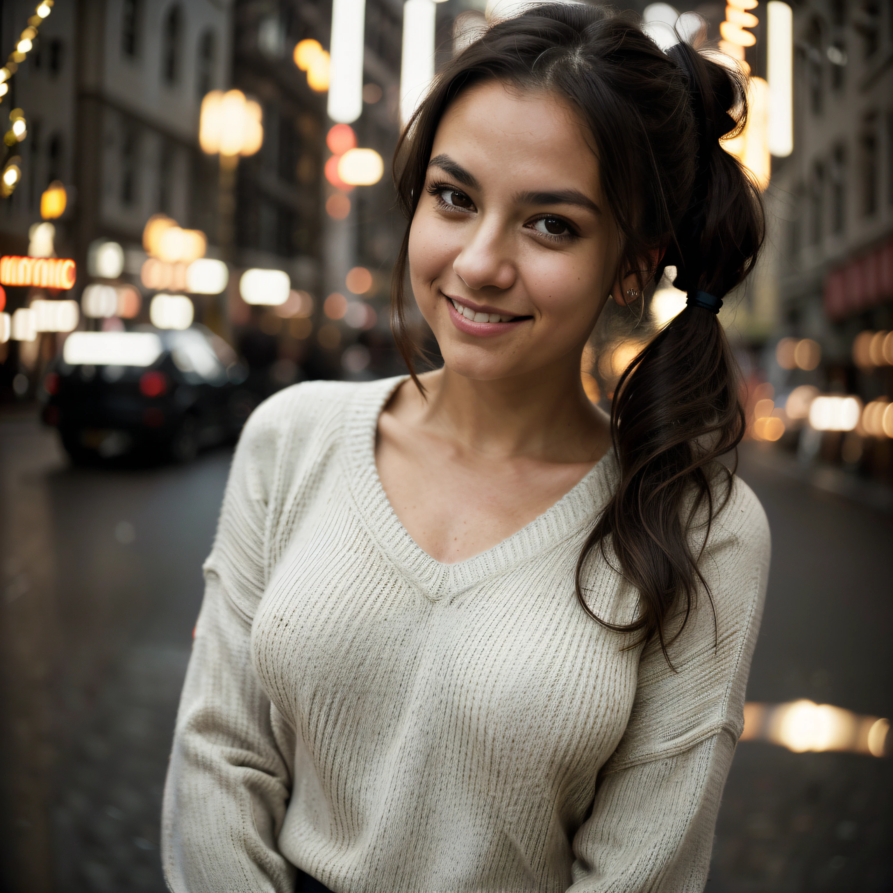 masterpiece, more smile, dark brunette hair, ponytails, brown eyes, complex christmas city background, backlit, (cinematic:1.5), epic realistic, hyperdetailed, insane details, intricate details, accent lighting, soft volumetric light, bokeh, (dramatic light:1.2), cross process, (women sweater), dynamic angle, (flirting with camera: 0.7), middle boobs, V-neck, one boob off