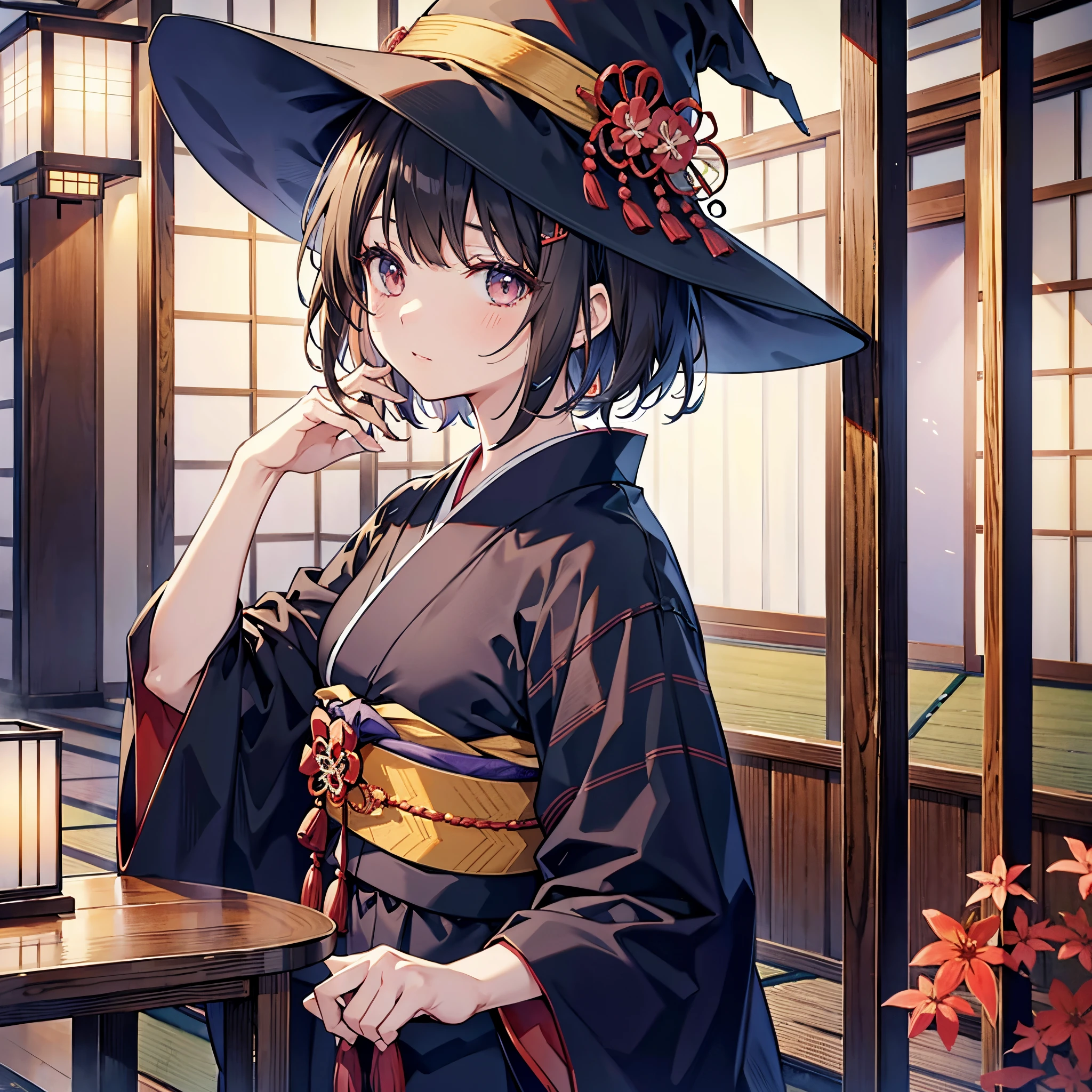 Japanese traditional style hotel、An adult woman with short brown hair and lob hair wearing a yukata、She wears a large black witch hat with sapphire accessories、R18 Illustration、Eromanga、erotic illustration、Two-dimensional illustration、Japan Anime、drawn by Japanese ilastrator、high-level image quality、4K picture quality、High Quality、hight resolution、5 million pixels、High Details、