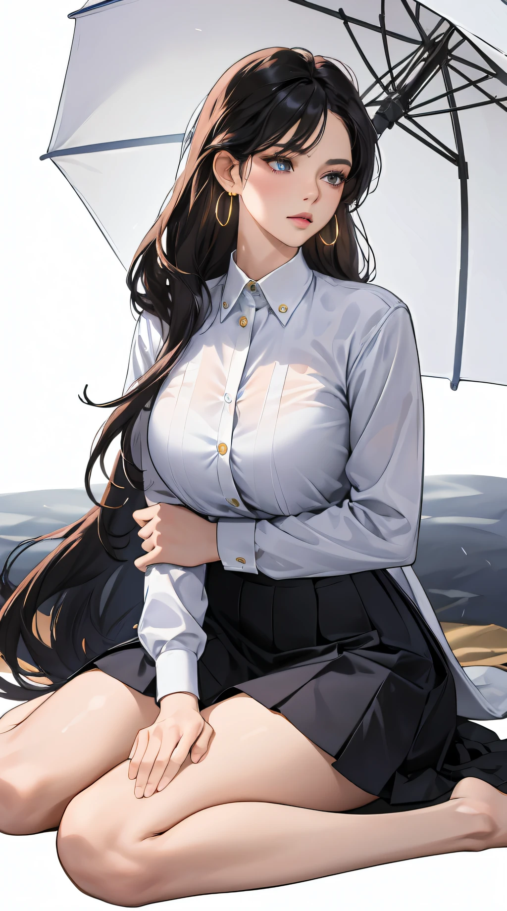 (best quality:1.5, highres, UHD, 4K, detailed lighting, shaders), hair, gradient hair, large breasts, transparent suit, transparent shirt, transparent social shirt, short skirt, mature woman , (pov), white background, colorful eyeshadow, dramatic lighting, sparkling eyepression, golden earrings, flowing hair, delicate facial features, dark skin, high cheekbones, raining,  setting,sitting, white background, dont look for the camera, full body.