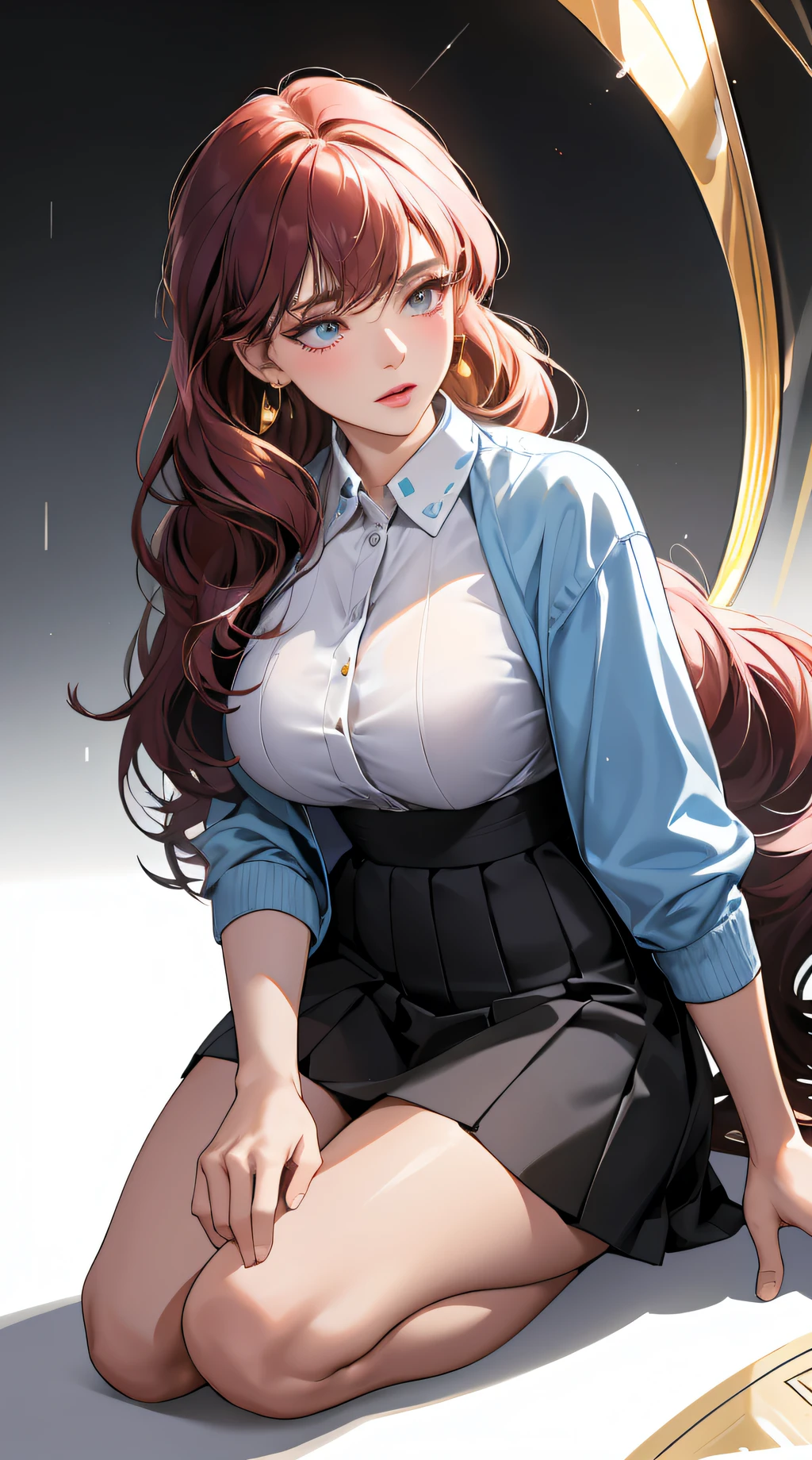 (best quality:1.5, highres, UHD, 4K, detailed lighting, shaders), hair, gradient hair, large breasts, transparent suit, transparent shirt, transparent social shirt, short skirt, mature woman , (pov), white background, colorful eyeshadow, dramatic lighting, sparkling eyepression, golden earrings, flowing hair, delicate facial features, dark skin, high cheekbones, raining,  setting,sitting, white background, dont look for the camera, full body.