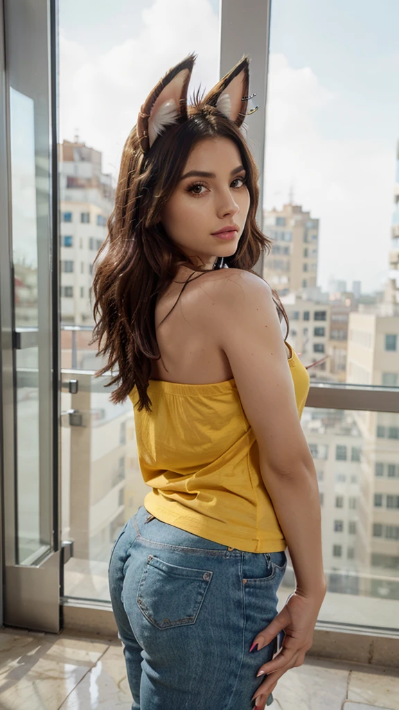 Xayah,t-shirt, animal ears, animal tail, yellow eyes, pierced nose, casual clothes, portrait, stunning, hair over shoulder, hoodless, beautiful, 4k