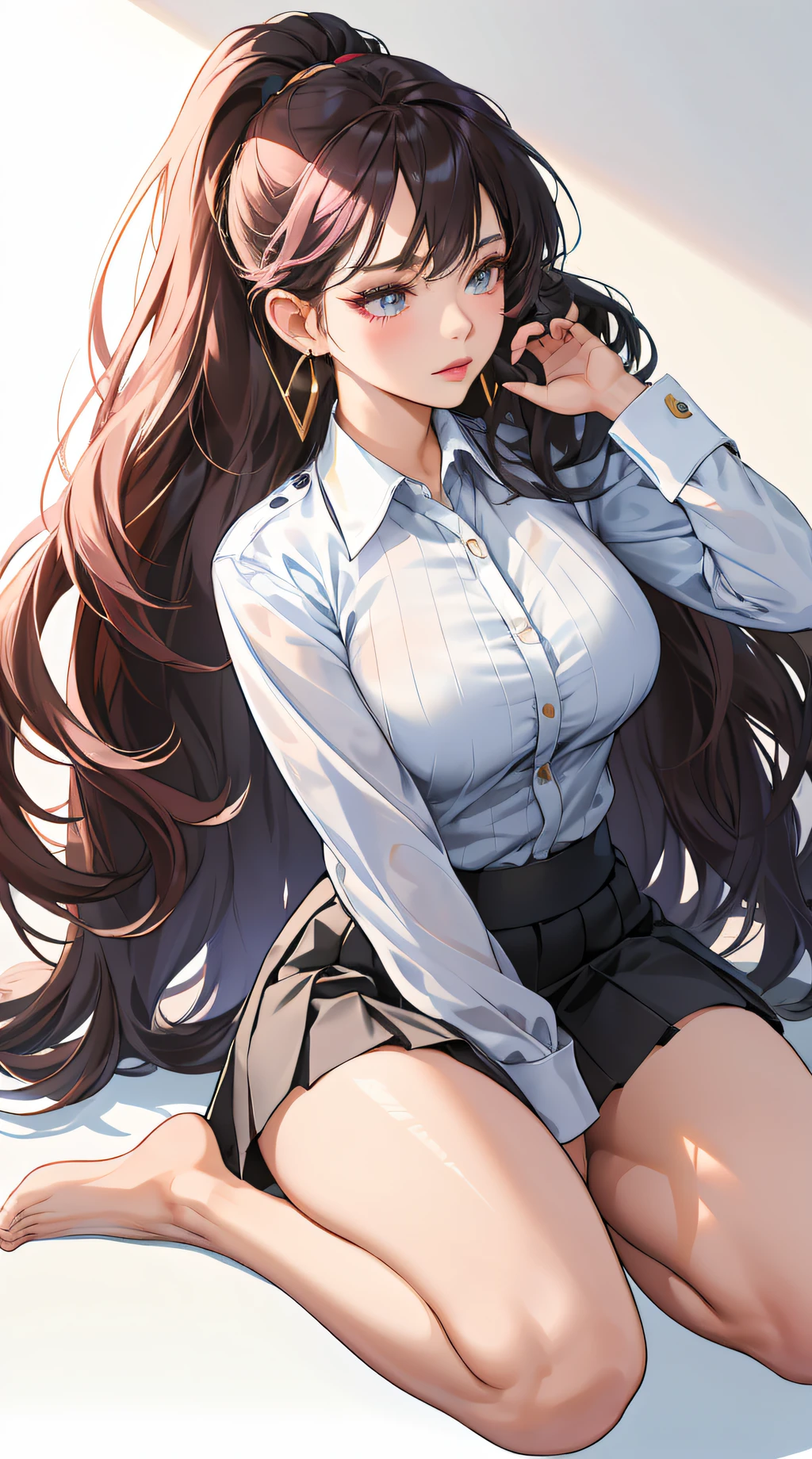 (best quality:1.5, highres, UHD, 4K, detailed lighting, shaders), hair, gradient hair, large breasts, transparent suit, transparent shirt, transparent social shirt, short skirt, mature woman , (pov), white background, colorful eyeshadow, dramatic lighting, sparkling eyepression, golden earrings, flowing hair, delicate facial features, dark skin, high cheekbones, raining,  setting,sitting, white background, dont look for the camera, full body.