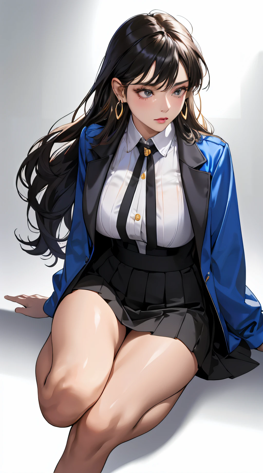 (best quality:1.5, highres, UHD, 4K, detailed lighting, shaders), hair, gradient hair, large breasts, transparent suit, transparent shirt, transparent social shirt, short skirt, mature woman , (pov), white background, colorful eyeshadow, dramatic lighting, sparkling eyepression, golden earrings, flowing hair, delicate facial features, dark skin, high cheekbones, raining,  setting,sitting, white background, dont look for the camera, full body.