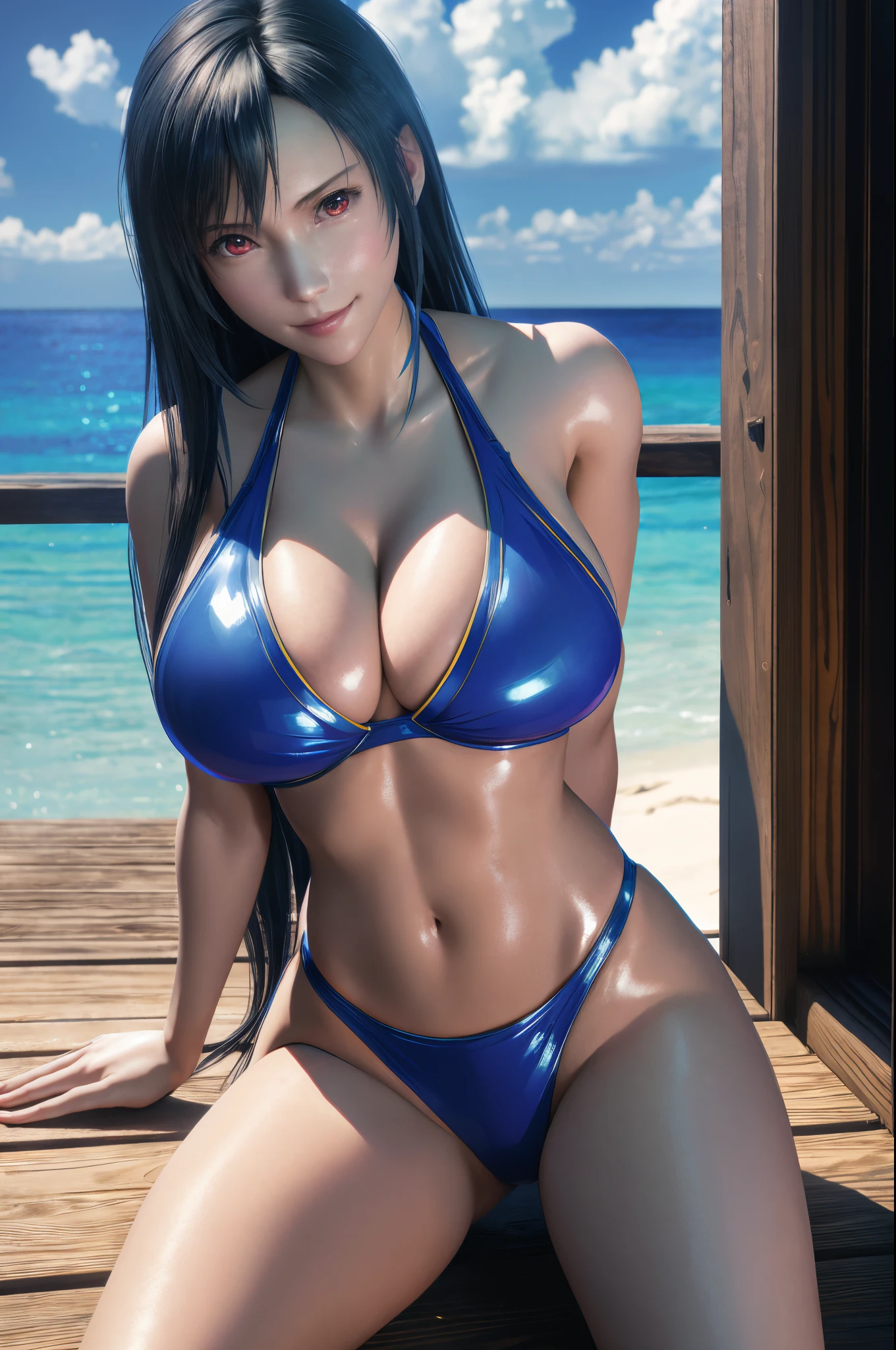 (8k, best quality, masterpiece:1.2), (realistic, photo-realistic:1.37), ultra-detailed, 1 girl,cute, solo, (tifa lockhart), (enormous breasts:1.5),(beautiful detailed eyes), (smile:1.2), (closed mouth), erotic pose, dancing, depth of field, sharp focus, depth of field, good composition, Final Fantasy VII, (blue latex bikini:1.5), full body, head rest, lips, pretty face, very long hair, ((red_eyes:1.2)), bokeh, cinematic lighting, photon mapping, radiosity, physically-based rendering, (Tetsuya Nomura style), nsfw, perfect breasts, on a wooden boardwalk over crystal clear caribbean sea