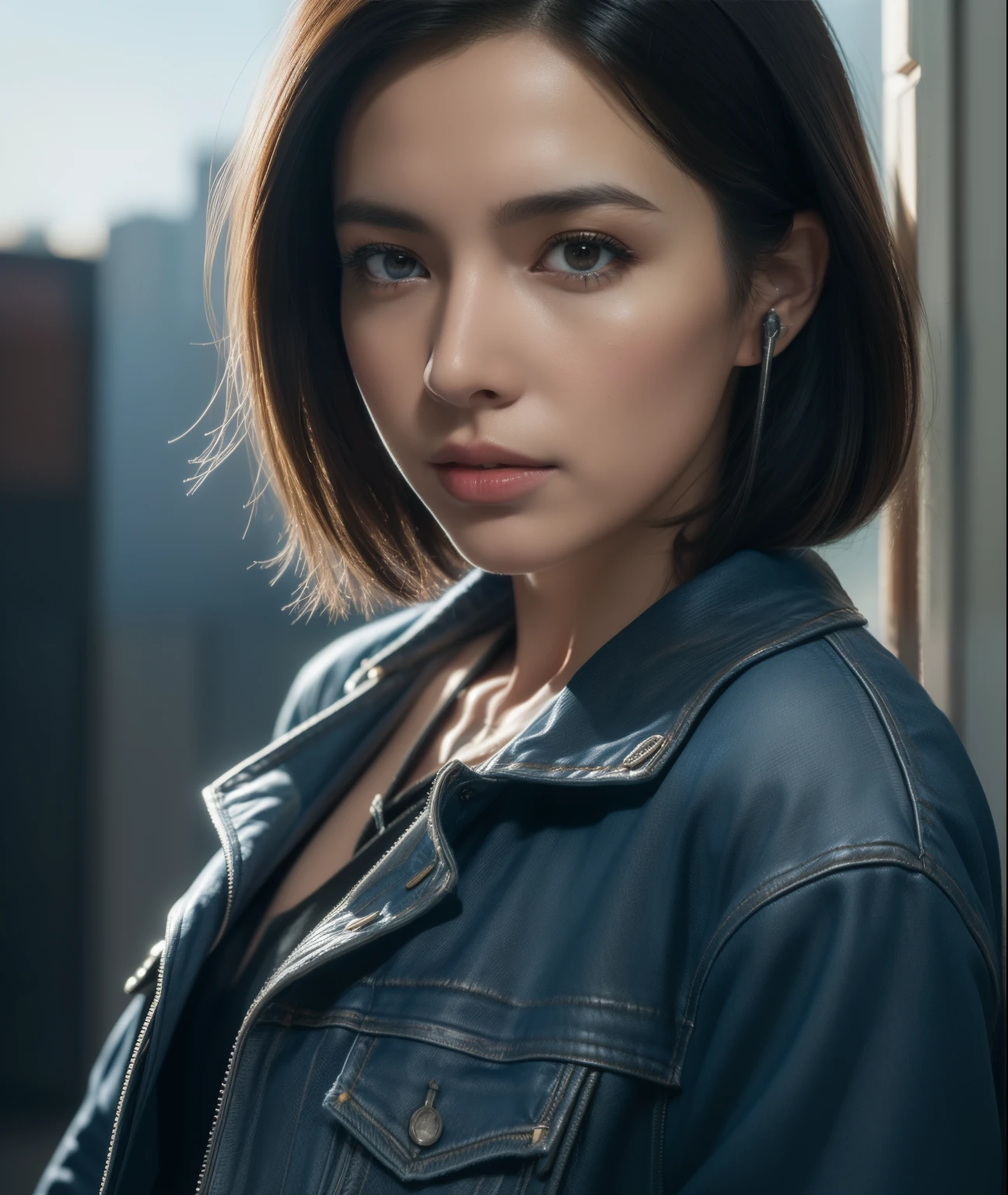 photo of extremely sexy (AM190_Brigitte:0.99), a woman as a sexy student, ((closeup portrait:1.3)), modelshoot style, (extremely detailed CG unity 8k wallpaper), photo of the most beautiful artwork in the world, professional majestic oil painting by Ed Blinkey, Atey Ghailan, Studio Ghibli, by Jeremy Mann, Greg Manchess, Antonio Moro, trending on ArtStation, trending on CGSociety, Intricate, High Detail, Sharp focus, dramatic, photorealistic painting art by midjourney and greg rutkowski, (blue t-shirt:1.2), (leather jacket), (jeans), ((city slums)), (looking at viewer:1.2), (detailed pupils:1.3), hearing music with headphone