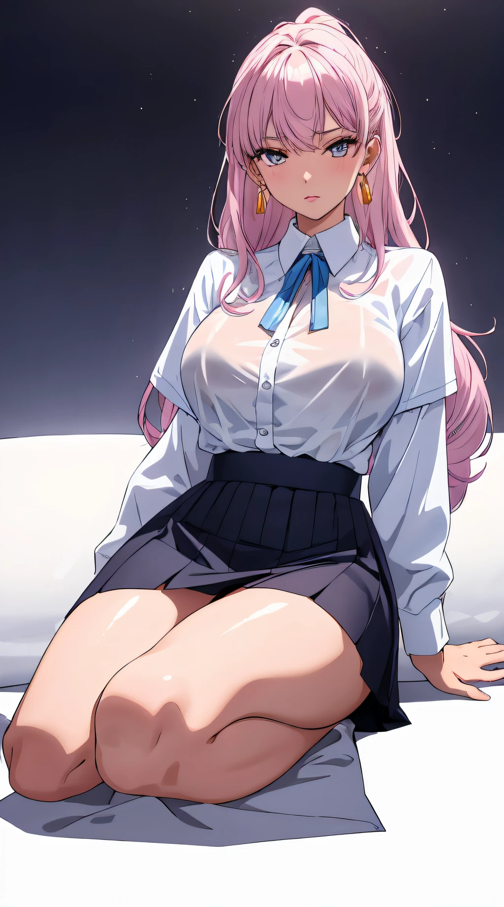 (best quality:1.5, highres, UHD, 4K, detailed lighting, shaders), hair, gradient hair, large breasts, transparent suit, transparent shirt, transparent social shirt, short skirt, mature woman , (pov), white background, colorful eyeshadow, dramatic lighting, sparkling eyepression, golden earrings, flowing hair, delicate facial features, dark skin, high cheekbones, raining,  setting,sitting, white background, dont look for the camera, full body.