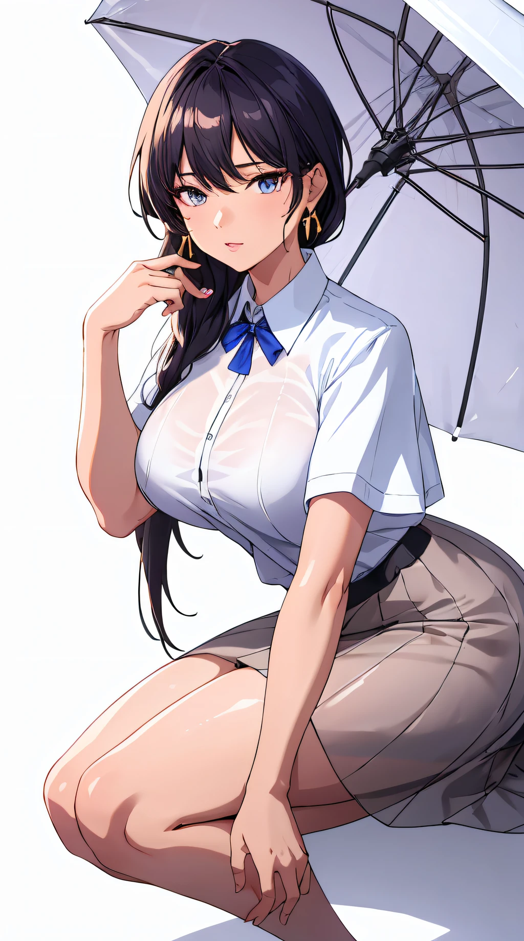 (best quality:1.5, highres, UHD, 4K, detailed lighting, shaders), hair, gradient hair, large breasts, transparent suit, transparent shirt, transparent social shirt, short skirt, mature woman , (pov), white background, colorful eyeshadow, dramatic lighting, sparkling eyepression, golden earrings, flowing hair, delicate facial features, dark skin, high cheekbones, raining, setting,sitting, white background, dont look for the camera, full body.