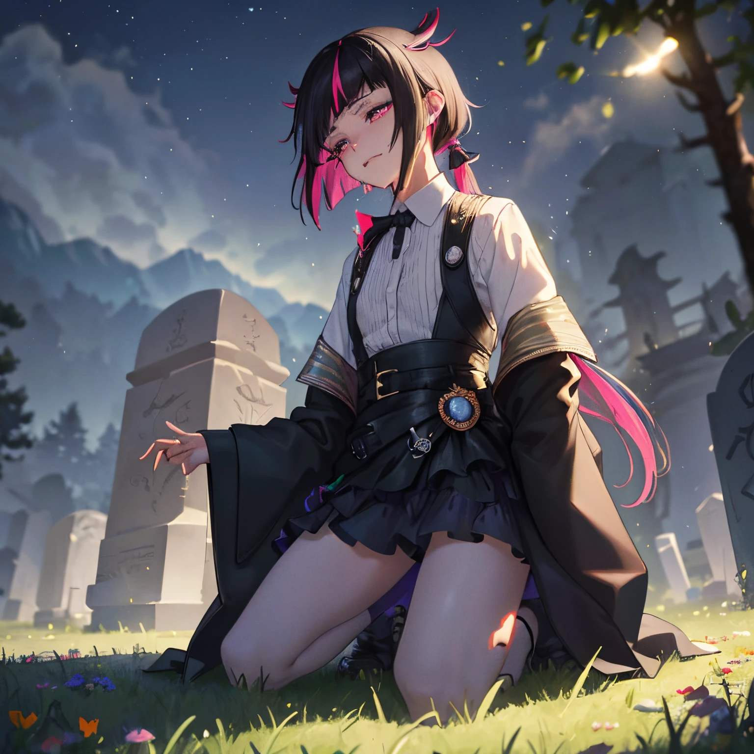 lilia vanrouge,1boy,male focus,multicolored hair,streaked hair,black hair,red hair, slit eyes,red eyes, long ponytail:1.4,(tears in the eyes:1.4,kneeling and looking at three tombstones:1.4),night,forest,emotional scene,sad expression,tears,best quality,4k,8k,highres,masterpiece:1.2,ultra-detailed,HDR,UHD,studio lighting,ultra-fine painting,sharp focus,physically-based rendering,extreme detail description,professional,vivid colors,bokeh,portraits,landscape,hair flowing in the wind,dark shadows,soft moonlight,subtle glow