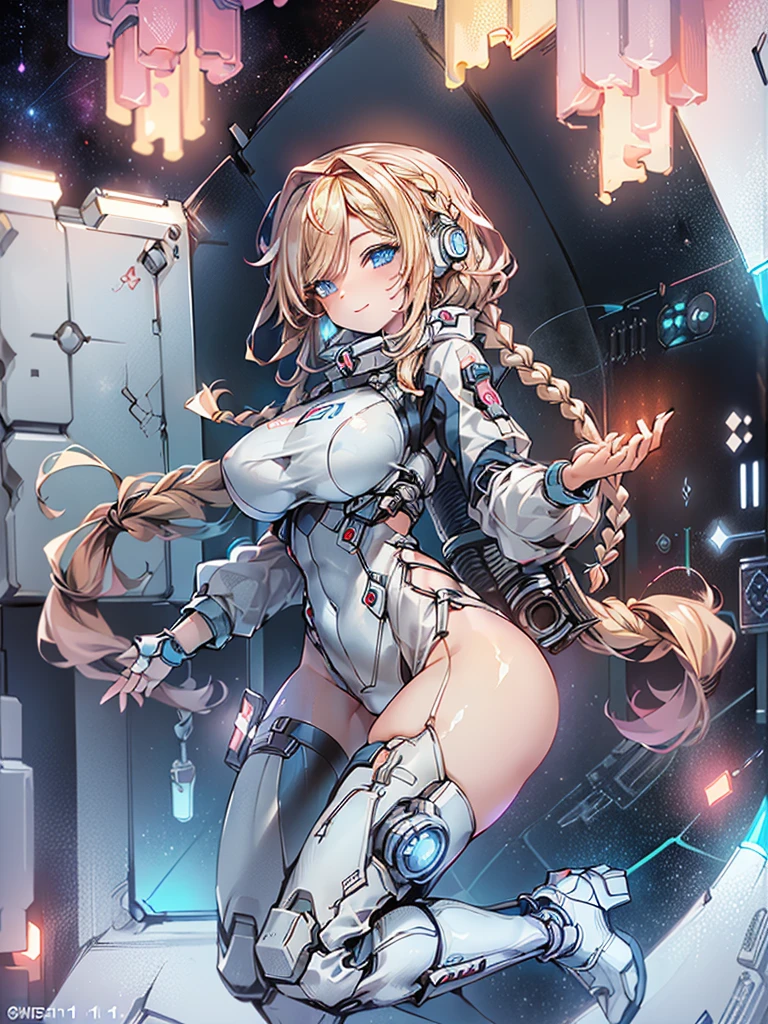 masterpiece:1.4, 1girl in ((20yr old, Wearing a tight, futuristic metallic white bodysuit,long boots, huge-breasted, blonde hair, long,Braided hair,marguerite'Hairstyles, Perfect model body, Blue eyes:1.4, Wearing headphones, Flirting, Happy, Looking out the window of the futuristic sci-fi space station、While admiring the beautiful galaxy:1.2, SFSF control room on night background:1.1, Neon and energetic atmosphere:1.2)) ((Galaxy)) ((Solo:1.6))