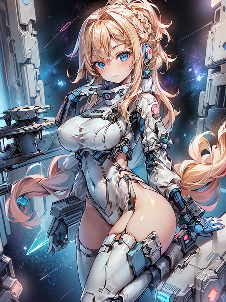 ​masterpiece:1.4, 1girl in ((20yr old, Wearing a tight, futuristic metallic white bodysuit,long boots, huge-breasted, blonde  hair, long,Braided hair,marguerite&#39;Hairstyles, Perfect model body, Blue eyes:1.4, Wearing headphones, Flirting, Happy,  Looking out the window of the futuristic sci-fi space station、While admiring the beautiful galaxy:1.2, SFSF control room on night background:1.1, Neon and energetic atmosphere:1.2)) ((Galaxy)) ((Solo:1.6))