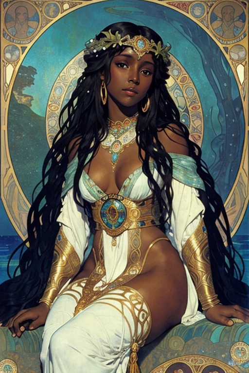 beautiful, dark skinned sea goddess, sitting at the edge of a cove. painted by alphonse mucha and gustav klimt