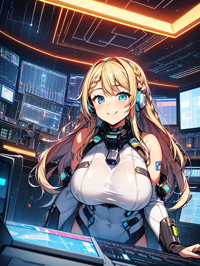 ​masterpiece:1.4, 1girl in ((20yr old, Wearing a tight, futuristic metallic white bodysuit,long boots, huge-breasted, blonde  hair, long,Braided hair,marguerite&#39;Hairstyles, Perfect model body, Blue eyes:1.4, Wearing headphones, Flirting, Happy,  Looking out the window of the futuristic sci-fi space station、While admiring the beautiful galaxy:1.2, SFSF control room on night background:1.1, Neon and energetic atmosphere:1.2)) ((Galaxy)) ((Solo:1.6))