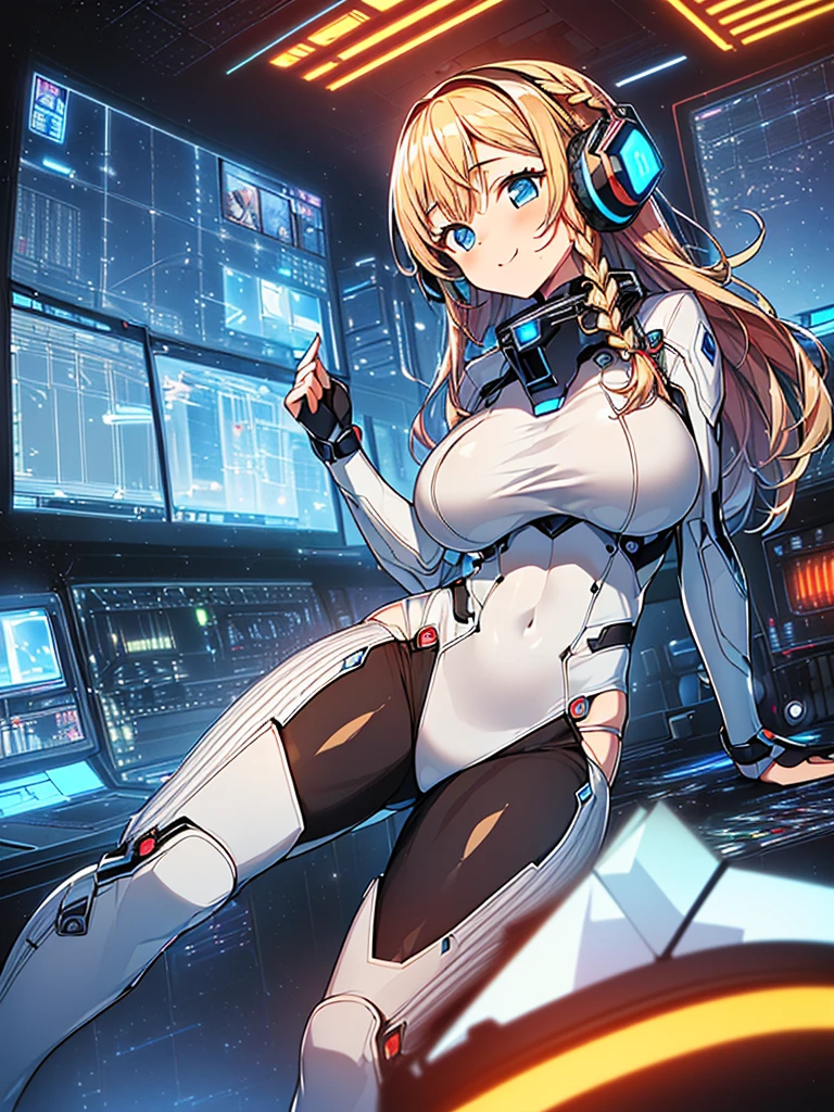 ​masterpiece:1.4, 1girl in ((20yr old, Wearing a tight, futuristic metallic white bodysuit,long boots, huge-breasted, blonde  hair, long,Braided hair,marguerite&#39;Hairstyles, Perfect model body, Blue eyes:1.4, Wearing headphones, Flirting, Happy,  Looking out the window of the futuristic sci-fi space station、While admiring the beautiful galaxy:1.2, SFSF control room on night background:1.1, Neon and energetic atmosphere:1.2)) ((Galaxy)) ((Solo:1.6))