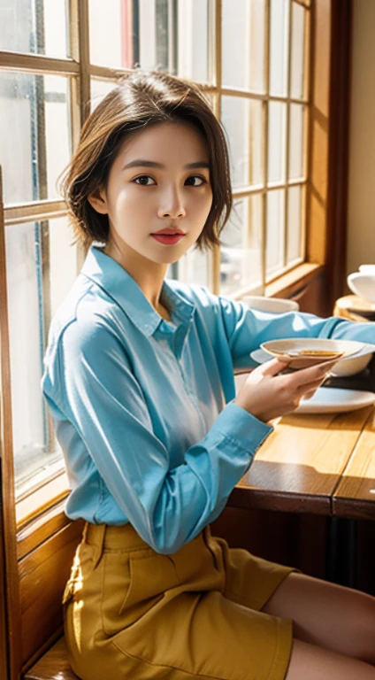 Sitting at a table in a café、sunlight streaming through window、A vietnamese  Lady,, Dynamic Pose, Skin Texture,, Shiny skin, (slim, Petite:1.2), [:(sharp focus on face, Detailed face, Perfect eyes, view the viewer:1.2):0.2], Photorealistic, film grains, Best Quality, masutepiece，30s，Realistic skin type, collared long sleeves shirt