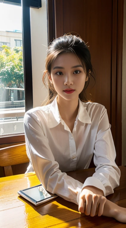 Sitting at a table in a café、sunlight streaming through window、A vietnamese  Lady,, Dynamic Pose, Skin Texture,, Shiny skin, (slim, Petite:1.2), [:(sharp focus on face, Detailed face, Perfect eyes, view the viewer:1.2):0.2], Photorealistic, film grains, Best Quality, masutepiece，30s，Realistic skin type, collared long sleeves shirt