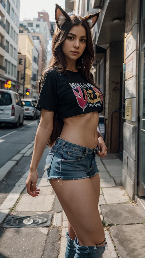 Xayah,t-shirt, animal ears, animal tail, yellow eyes, pierced nose, casual clothes, full figure , stunning, hair over shoulder, hoodless, beautiful, 16k