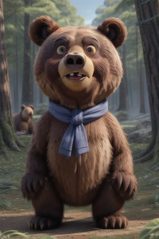 portrait, 1 bear, Sweets, freundliches Gesicht, blaue Augen, beautiful plumage, (bear:1.5), fisch im maul, Blickt zum Betrachter, siehe im wald im hintergrund, High quality