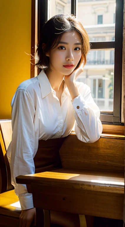 Sitting at a table in a café、sunlight streaming through window、A vietnamese  Lady,, Dynamic Pose, Skin Texture,, Shiny skin, (slim, Petite:1.2), [:(sharp focus on face, Detailed face, Perfect eyes, view the viewer:1.2):0.2], Photorealistic, film grains, Best Quality, masutepiece，30s，Realistic skin type, collared long sleeves shirt