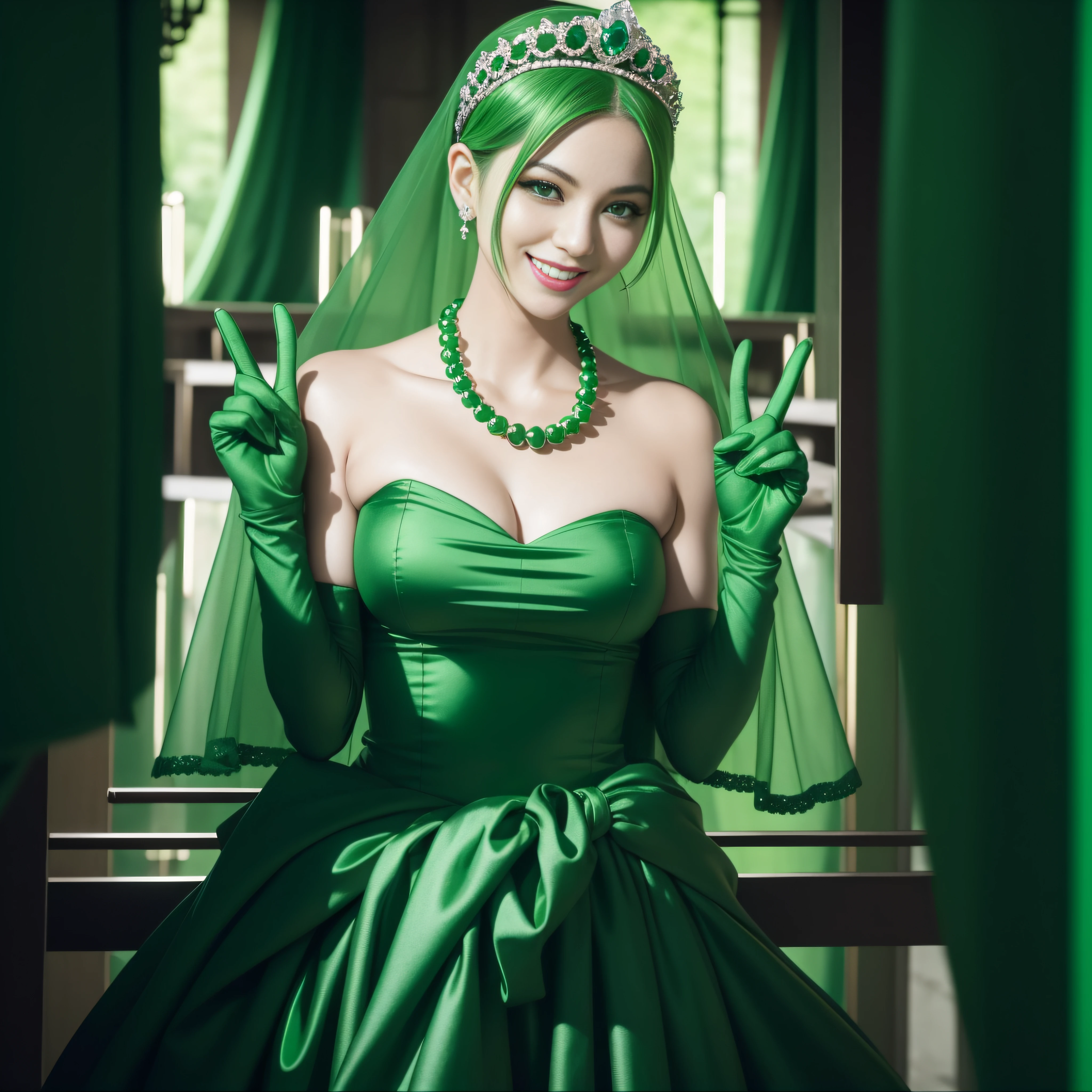 emerald tiara, Green Pearl Necklace, Boyish very short green hair, lipsticks, Japan woman smiling, very short short hair, big breasts beautiful, Green eyes, Long green gloves made of satin material, Green eyes, v sign,V-sign with both hands, Emerald Earrings, Green hair