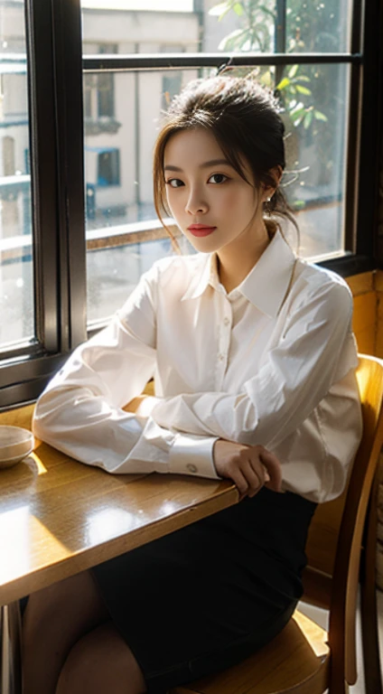 Sitting at a table in a café、sunlight streaming through window、A vietnamese  Lady,, Dynamic Pose, Skin Texture,, Shiny skin, (slim, Petite:1.2), [:(sharp focus on face, Detailed face, Perfect eyes, view the viewer:1.2):0.2], Photorealistic, film grains, Best Quality, masutepiece，30s，Realistic skin type, collared long sleeves shirt
