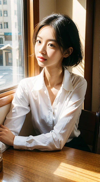 Sitting at a table in a café、sunlight streaming through window、A vietnamese  Lady,, Dynamic Pose, Skin Texture,, Shiny skin, (slim, Petite:1.2), [:(sharp focus on face, Detailed face, Perfect eyes, view the viewer:1.2):0.2], Photorealistic, film grains, Best Quality, masutepiece，30s，Realistic skin type, collared long sleeves shirt