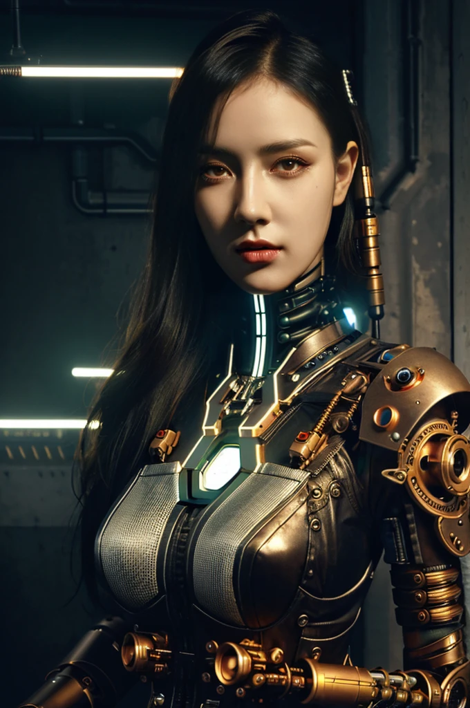 full body cyborg| full-length portrait| detailed face| symmetric| steampunk| cyberpunk| cyborg| intricate detailed| to scale| hyperrealistic| cinematic lighting| digital art| concept arjrny-v4 style