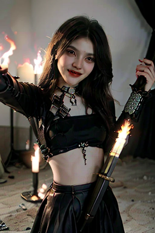 latex costume, schoolgirl uniform, holding two katana swords, standing by a harly-davidson moteorcyle, bones n skulls on the ground all over, flames in  back ground, abandoned castle, anime girl, ( her pose is sexy) (Devilish look on her face) big breast, perfect lips, perfect ears, perfect hands, perfect legs, she is a warrior, (long black silk hair waving in the wind) (she has a smile with fangs) she has a perfect slim petite body,
