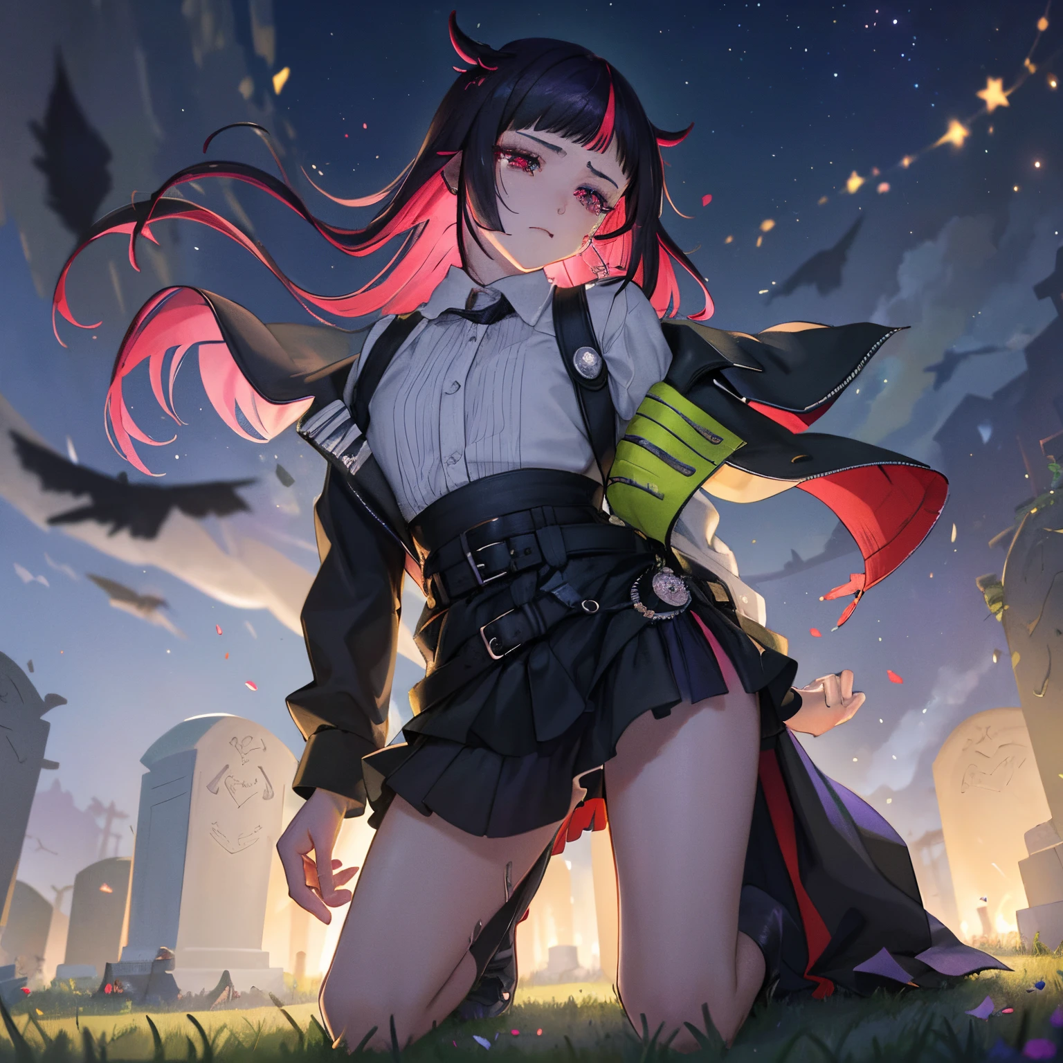 lilia vanrouge,1boy,male focus,multicolored hair,streaked hair,black hair,red hair, slit eyes,red eyes, long ponytail:1.4,(tears in the eyes:1.4,kneeling and looking at three tombstones:1.4),night,forest,emotional scene,sad expression,tears,best quality,4k,8k,highres,masterpiece:1.2,ultra-detailed,HDR,UHD,studio lighting,ultra-fine painting,sharp focus,physically-based rendering,extreme detail description,professional,vivid colors,bokeh,portraits,landscape,hair flowing in the wind,dark shadows,soft moonlight,subtle glow