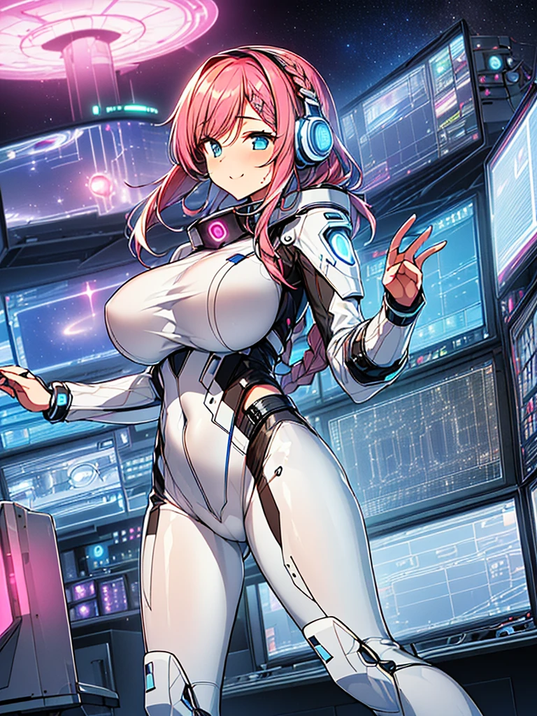 masterpiece:1.4, 1girl in ((20yr old, Wearing a tight, futuristic metallic white bodysuit,long boots, huge-breasted, A pink-haired, long,Braided hair,marguerite'Hairstyles, Perfect model body, Blue eyes:1.4, Wearing headphones, Flirting, Happy, Looking out the window of the futuristic sci-fi space station、While admiring the beautiful galaxy:1.2, SFSF control room on night background:1.1, Neon and energetic atmosphere:1.2)) ((Galaxy)) ((Solo:1.6))