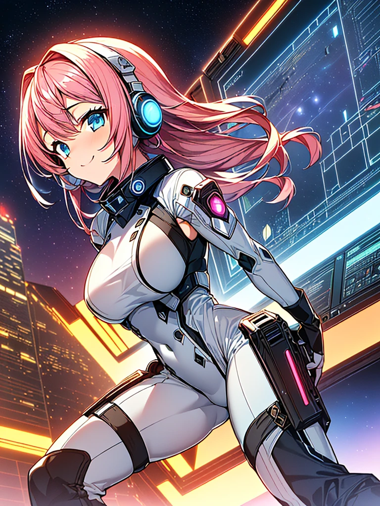 masterpiece:1.4, 1girl in ((20yr old, Wearing a tight, futuristic metallic white bodysuit,long boots, huge-breasted, A pink-haired, long,Braided hair,marguerite'Hairstyles, Perfect model body, Blue eyes:1.4, Wearing headphones, Flirting, Happy, Looking out the window of the futuristic sci-fi space station、While admiring the beautiful galaxy:1.2, SFSF control room on night background:1.1, Neon and energetic atmosphere:1.2)) ((Galaxy)) ((Solo:1.6))
