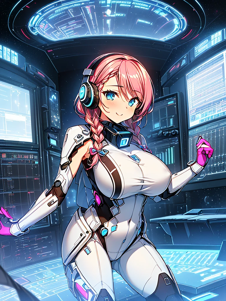 masterpiece:1.4, 1girl in ((20yr old, Wearing a tight, futuristic metallic white bodysuit,long boots, huge-breasted, A pink-haired, long,Braided hair,marguerite'Hairstyles, Perfect model body, Blue eyes:1.4, Wearing headphones, Flirting, Happy, Looking out the window of the futuristic sci-fi space station、While admiring the beautiful galaxy:1.2, SFSF control room on night background:1.1, Neon and energetic atmosphere:1.2)) ((Galaxy)) ((Solo:1.6))