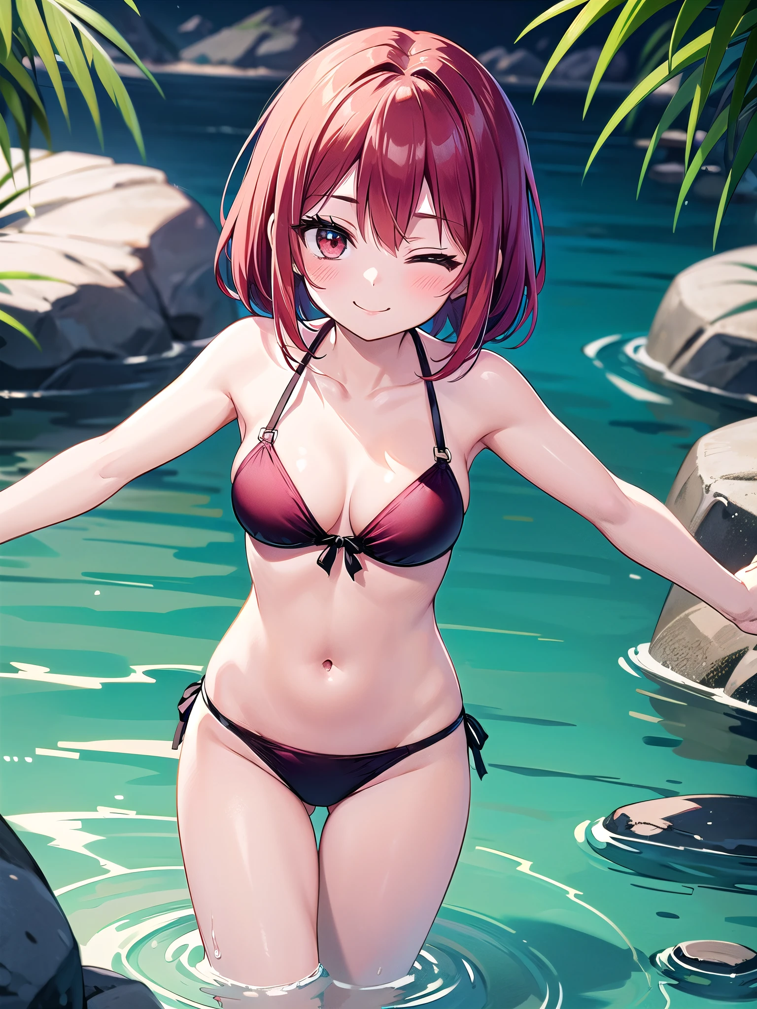 1girl, cowboy shot, bikini, red bra, looking at viewer, medium breasts, one eye closed, smile, spread arms, navel, bare stomach, collarbone, shor hair, red hair, in water, walking