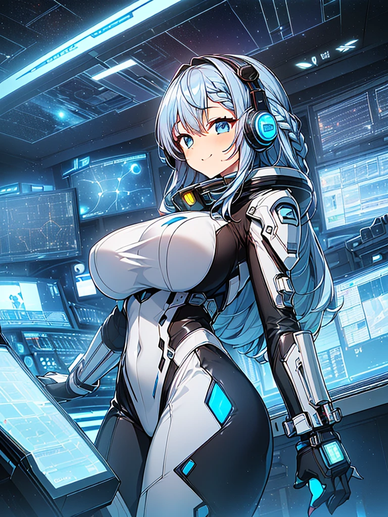 ​masterpiece:1.4, 1girl in ((20yr old, Wearing a tight, futuristic metallic gray bodysuit,long boots, huge-breasted, Blue hair, long,Braided hair,marguerite&#39;Hairstyles, Perfect model body, Blue eyes:1.4, Wearing headphones, Flirting, Happy,  Looking out the window of the futuristic sci-fi space station、While admiring the beautiful galaxy:1.2, SFSF control room on night background:1.1, Neon and energetic atmosphere:1.2)) ((Galaxy)) ((Solo:1.6))