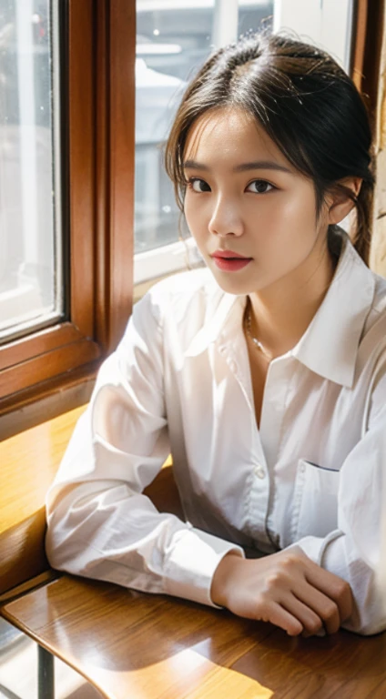 Sitting at a table in a café、sunlight streaming through window、A vietnamese  Lady,, Dynamic Pose, Skin Texture,, Shiny skin, (slim, Petite:1.2), [:(sharp focus on face, Detailed face, Perfect eyes, view the viewer:1.2):0.2], Photorealistic, film grains, Best Quality, masutepiece，30s，Realistic skin type, collared long sleeves shirt