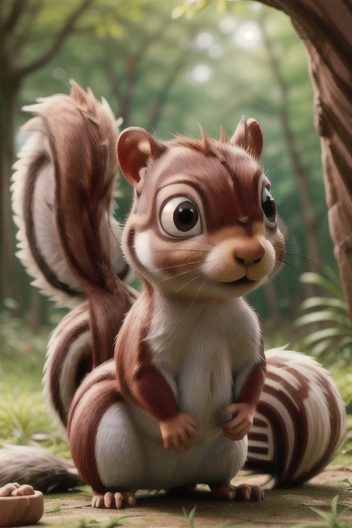 portrait, 1 Squirrel, Sweets, freundliches Gesicht, blaue Augen, beautiful plumage, (Squirrel:1.5), hat eine Nuss in den Pfoten, Blickt zum Betrachter, siehe im wald im hintergrund, High quality