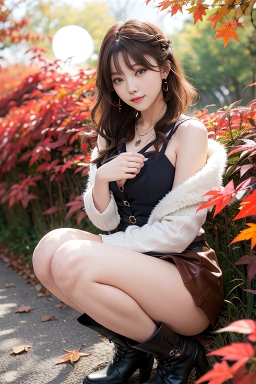 masterpiece、8K、32K、top-quality、(A detailed eye)、(A cute Japanese woman、bangss)、23years old、1 girl in、elegent、(Detailed background depiction、portlate:1.2)、(onepiece:1.2)、New York、sit on a bench、(tights、long boots:1.1)、cowboy shot、ssmile、head shot