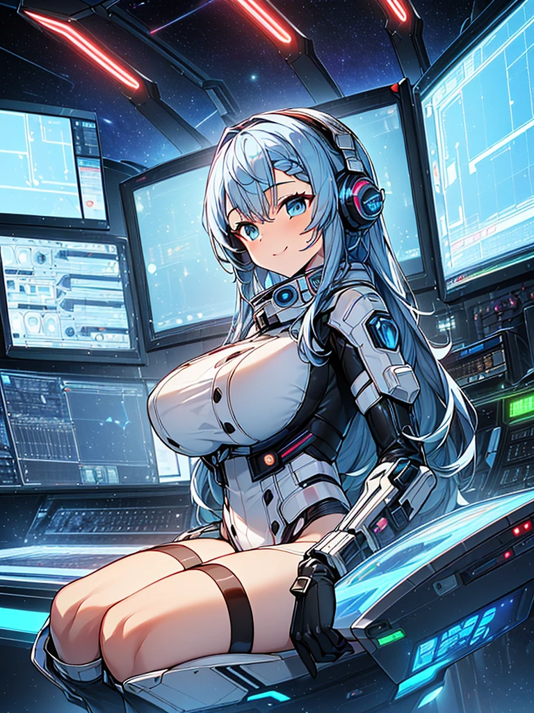 masterpiece:1.4, 1girl in ((20yr old, Wearing a tight, futuristic metallic gray bodysuit,long boots, huge-breasted, Blue hair, long,Braided hair,marguerite'Hairstyles, Perfect model body, Blue eyes:1.4, Wearing headphones, Flirting, Happy, Looking out the window of the futuristic sci-fi space station、While admiring the beautiful galaxy:1.2, SFSF control room on night background:1.1, Neon and energetic atmosphere:1.2)) ((Galaxy)) ((Solo:1.6))