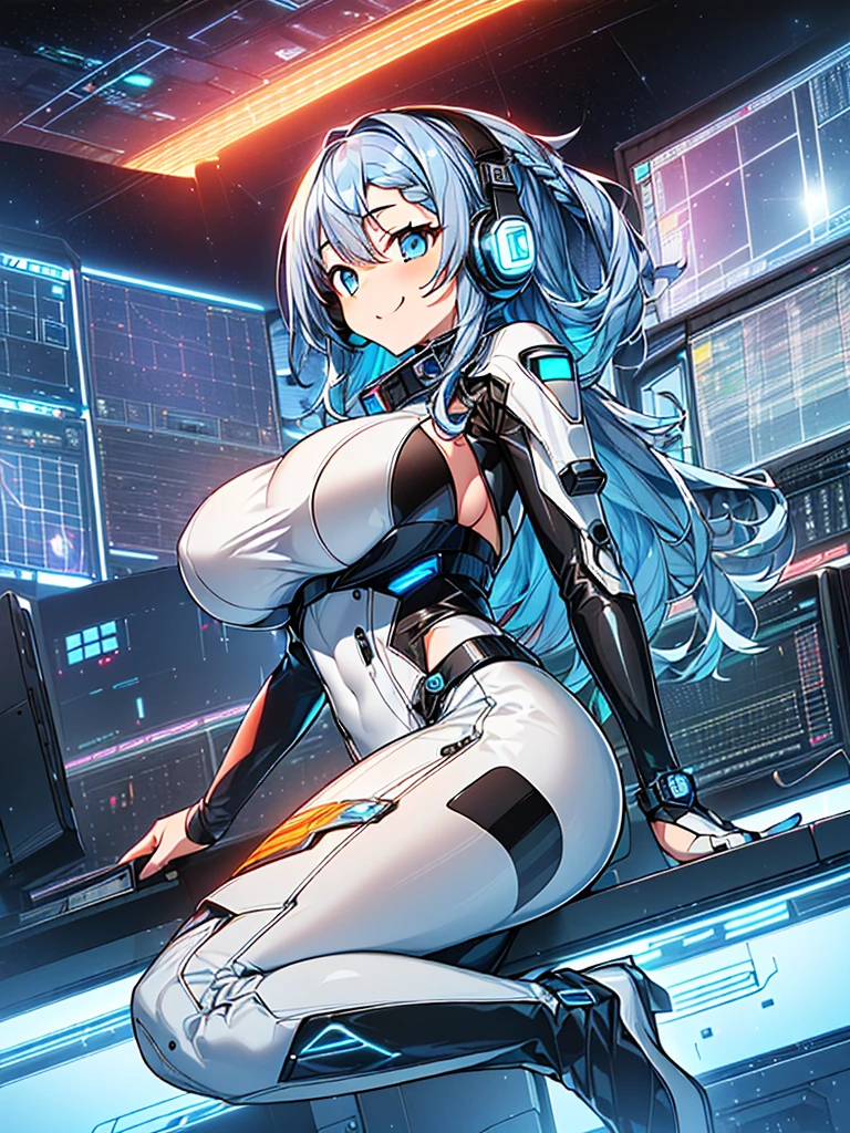 masterpiece:1.4, 1girl in ((20yr old, Wearing a tight, futuristic metallic gray bodysuit,long boots, huge-breasted, Blue hair, long,Braided hair,marguerite'Hairstyles, Perfect model body, Blue eyes:1.4, Wearing headphones, Flirting, Happy, Looking out the window of the futuristic sci-fi space station、While admiring the beautiful galaxy:1.2, SFSF control room on night background:1.1, Neon and energetic atmosphere:1.2)) ((Galaxy)) ((Solo:1.6))