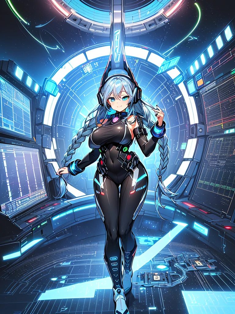 ​masterpiece:1.4, 1girl in ((20yr old, Wearing a tight, futuristic metallic gray bodysuit,long boots, huge-breasted, Blue hair, long,Braided hair,marguerite&#39;Hairstyles, Perfect model body, Blue eyes:1.4, Wearing headphones, Flirting, Happy,  Looking out the window of the futuristic sci-fi space station、While admiring the beautiful galaxy:1.2, SFSF control room on night background:1.1, Neon and energetic atmosphere:1.2)) ((Galaxy)) ((Solo:1.6))